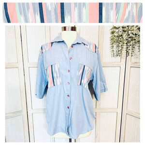 Vintage Pastel Aztec Southwest Button Up Shirt Top Boho Geo Womens Size Medium